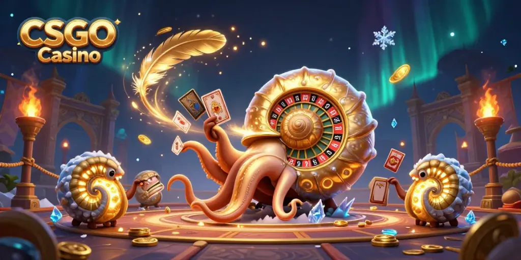 Experience thrilling gameplay with CSGO Casino, featuring a giant nautilus roulette wheel and glowing ammonite companions.