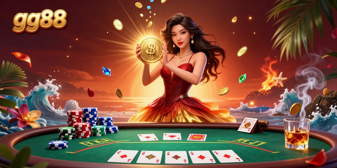 Experience thrilling moments with gg88 as a gorgeous Asian woman holds a golden coin amid dynamic poker elements.