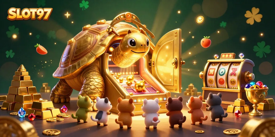 SLOT97 showcases exciting slot gaming with a colossal tortoise pinball machine featuring jackpots and treasures.