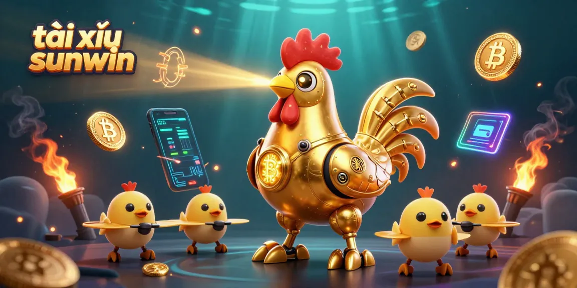Experience tài xỉu sunwin with thrilling gameplay amidst gold coins and crypto elements in a vibrant 3D scene.