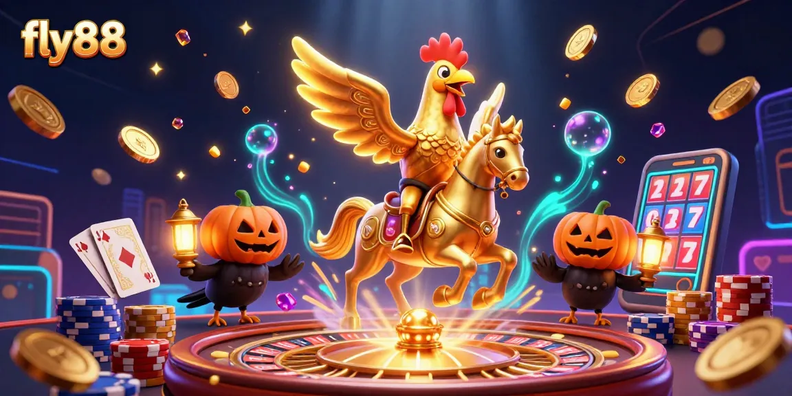 Experience thrilling casino adventures with fly88 featuring a golden rooster in a lush 3D casino scene.