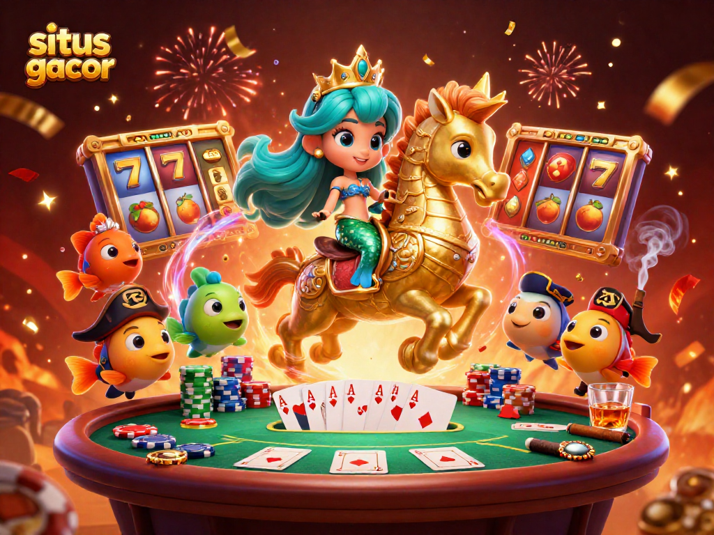 Raih jackpot dengan situs gacor yang menampilkan ilustrasi 3D putri duyung dan slot mesin yang menarik.