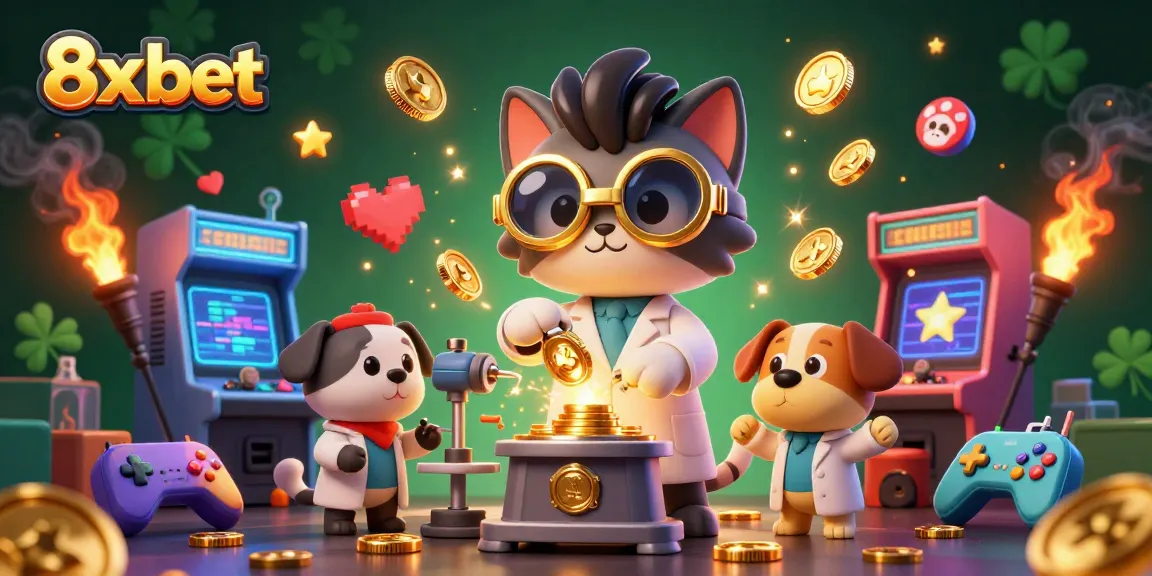 Win big with 8x bet in this energetic casino scene filled with quirky characters and vibrant game elements.
