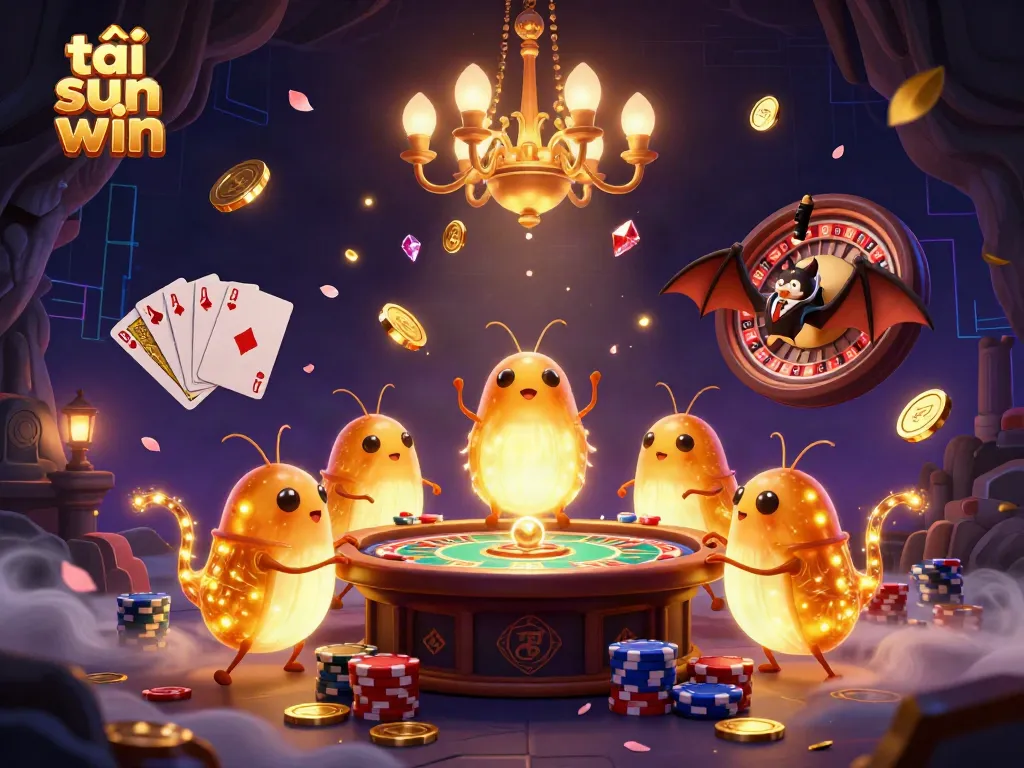 Experience the magic of tải sun win in a vibrant 3D cartoon casino scene featuring glowing glowworms and thrilling game elements.