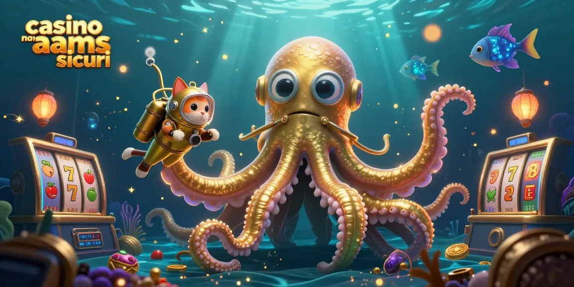 Vivi un'azione entusiasmante nei casinò non aams sicuri con illustrazioni vivaci di un kraken, un gatto subacqueo e scintillanti elementi da casinò.