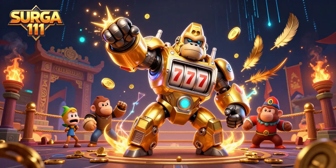 Play thrilling games at SURGA 111 with a powerful golden gorilla mech amidst exploding coins.