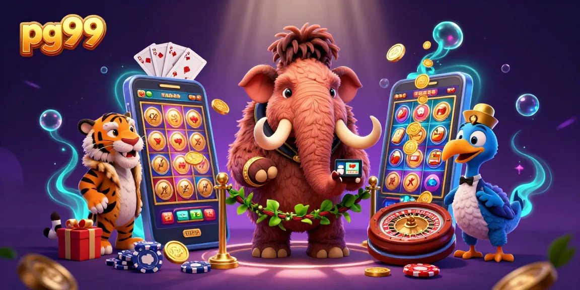 Win big with pg99 in a vibrant casino scene featuring furry characters and rich gaming elements.