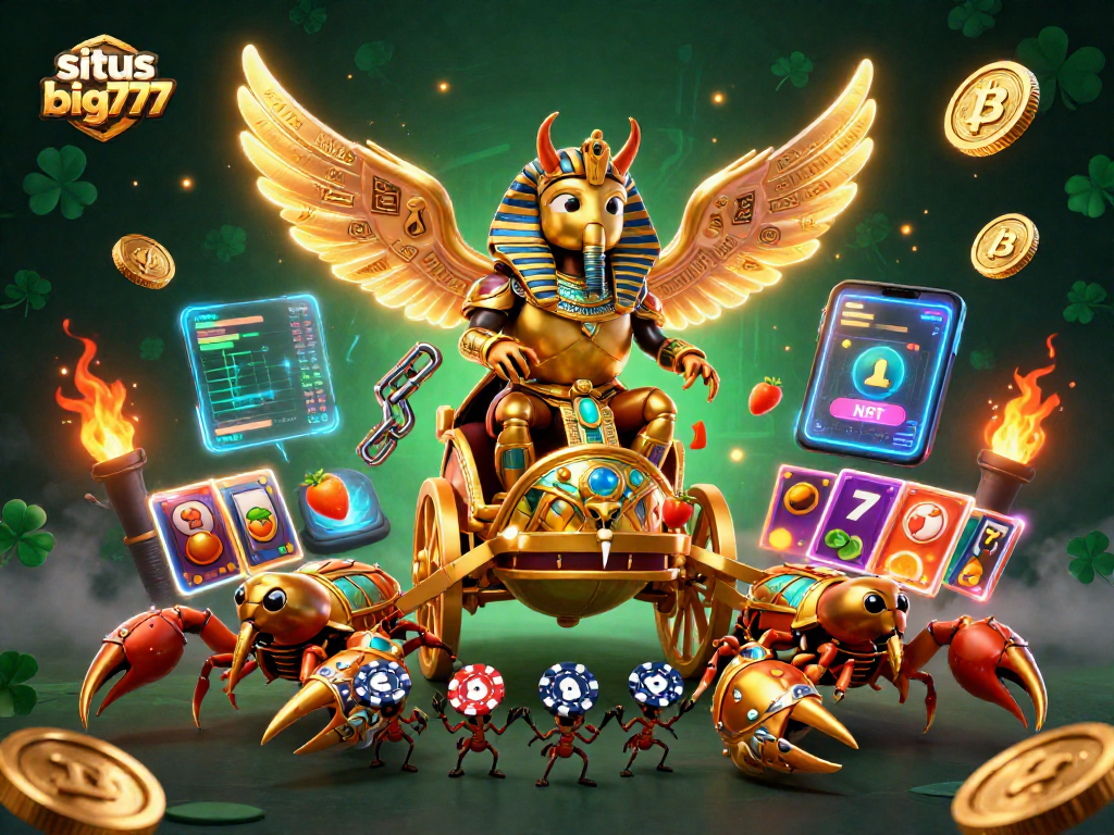 Experience the excitement at situs big777 with a vibrant 3D casino scene featuring golden scarabs and crypto coins.