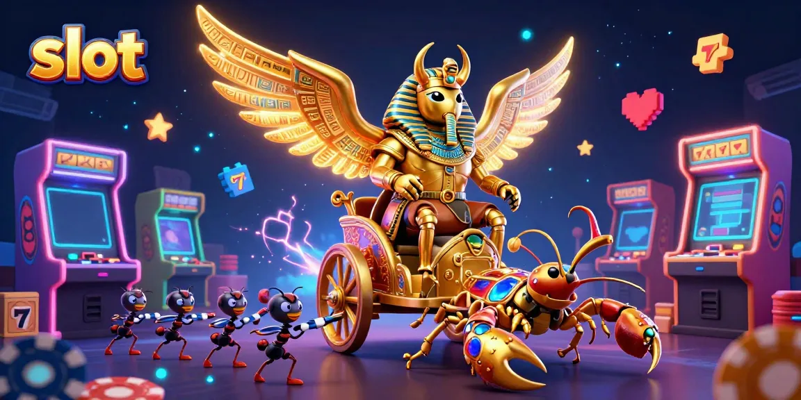 Engage with vibrant slot visuals featuring a golden scarab and scorpion chariot amidst colorful casino elements.
