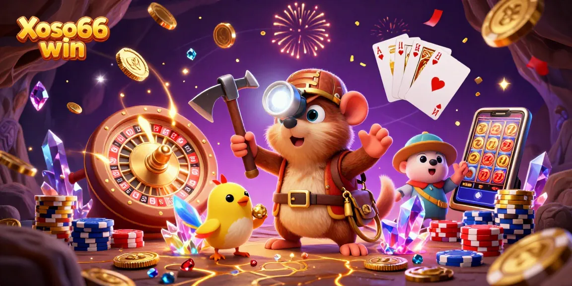 Experience winning at Xoso66 win with treasure hunters in a dazzling casino cave.