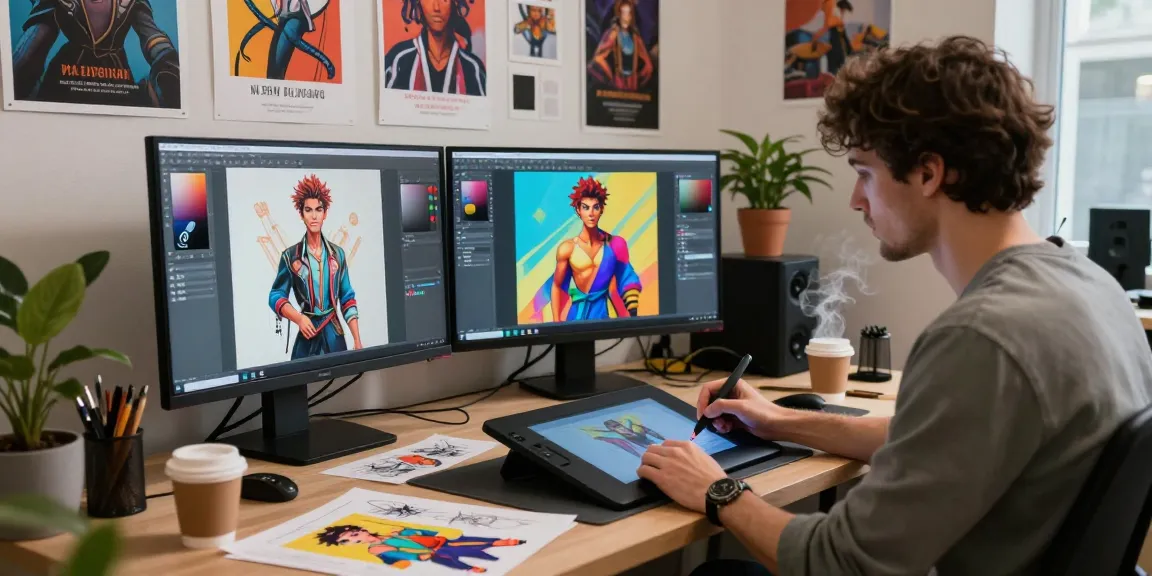 Creating NSFW AI character designs in a vibrant digital art studio.