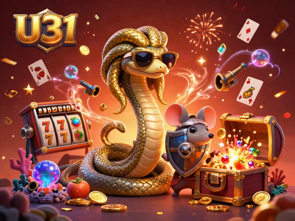 Engage in thrilling gameplay at U31 casino with vibrant Medusa and warrior mouse surrounded by jackpots and exciting game elements.