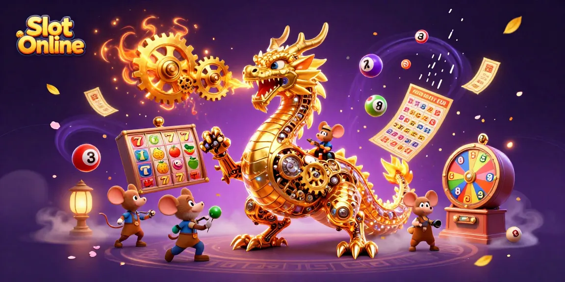 Experience exciting Slot Online action with a golden dragon and vibrant game elements in dynamic scene.