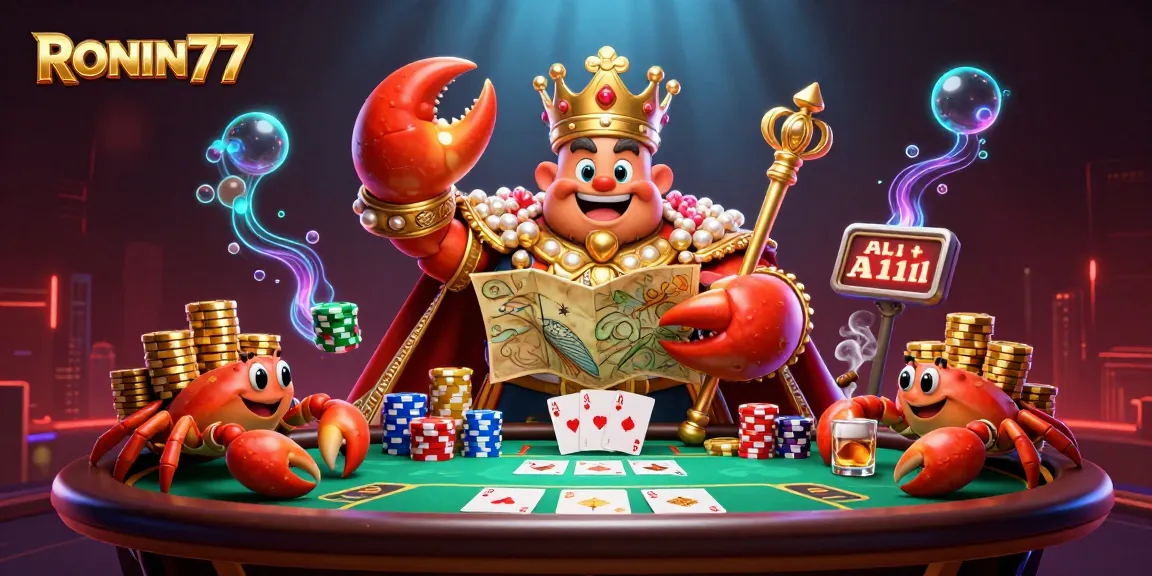 Engage with RONIN77's dynamic poker scene featuring a golden crab emperor and vibrant game elements.