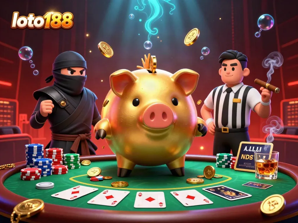 Experience the excitement of loto188 with a dynamic 3D illustration featuring a golden piggy bank sumo wrestler amidst casino action.