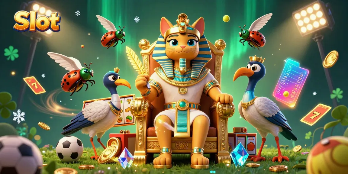 Slot menghadirkan ilustrasi 3D kucing firaun dengan simbol jackpot dan slot yang menarik.