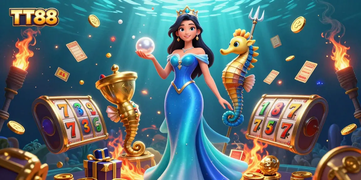 Win big with TT88 as a woman in a flowing gown and seahorse king amidst vibrant slot game graphics.