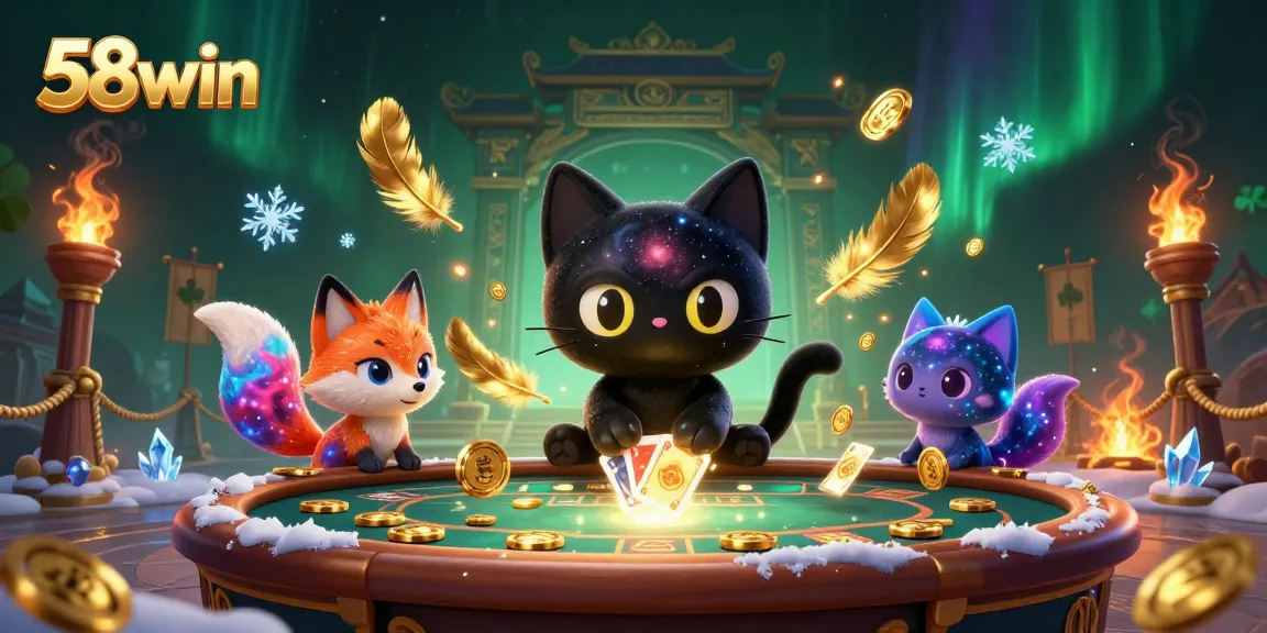 Engage with 58win in an exhilarating cosmic casino game surrounded by colorful characters and casino elements.