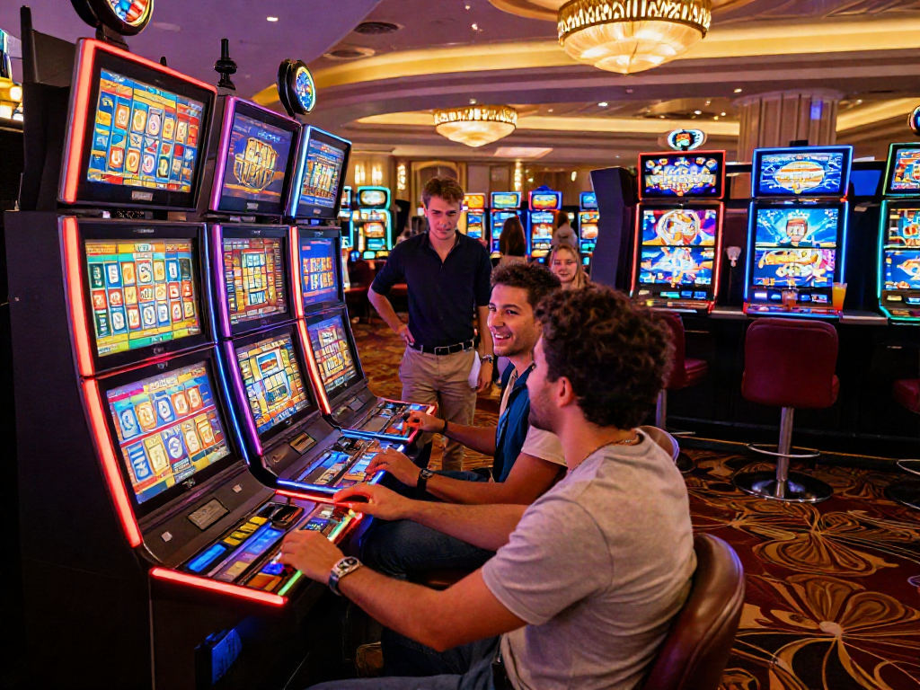 Friends enjoying a lively night at slot machines in a vibrant casino.
