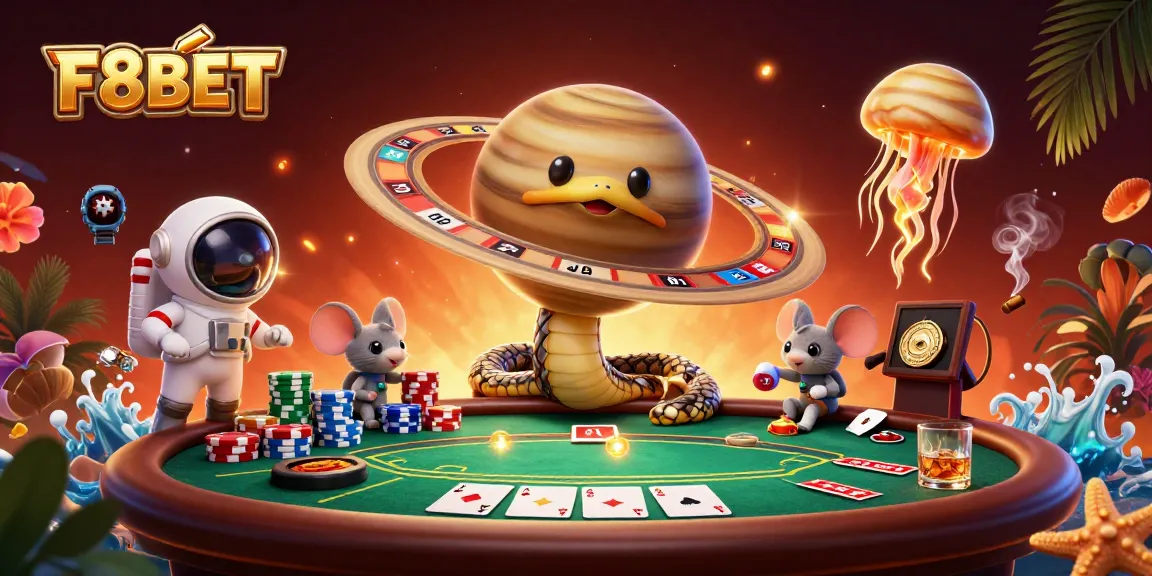 F8BET players bet on a cosmic roulette wheel while enjoying a vibrant casino scene with poker elements