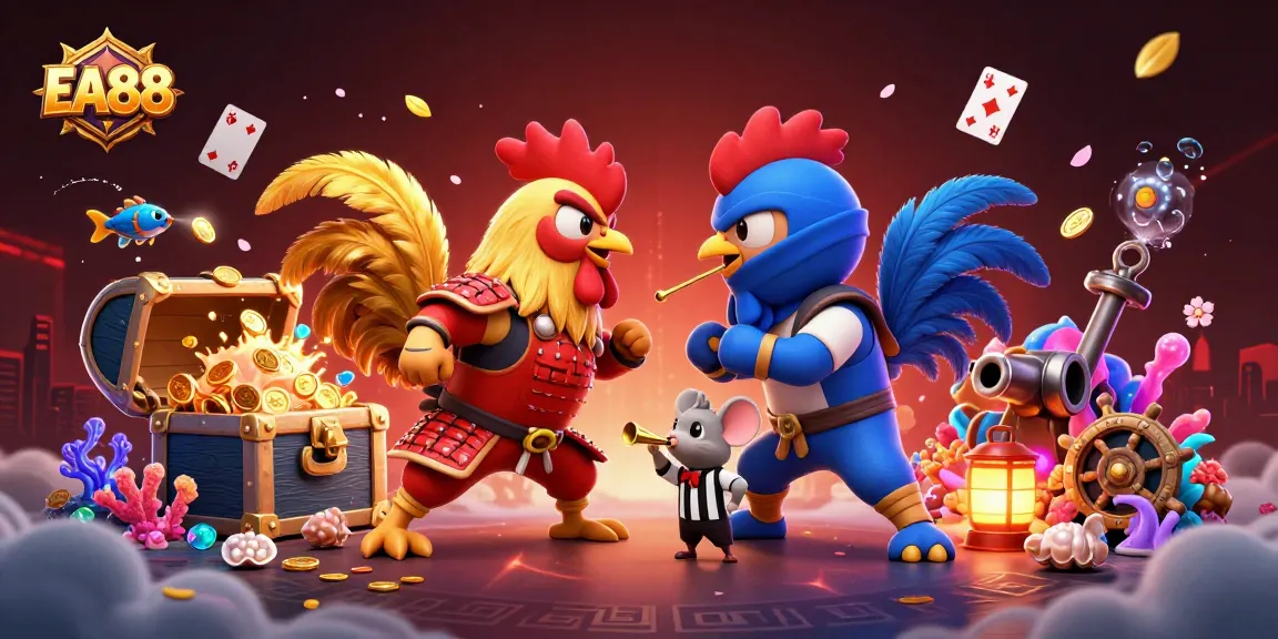 EA88 showcases twin rooster fighters in a dynamic gambling scene filled with gold coins and exciting game elements.