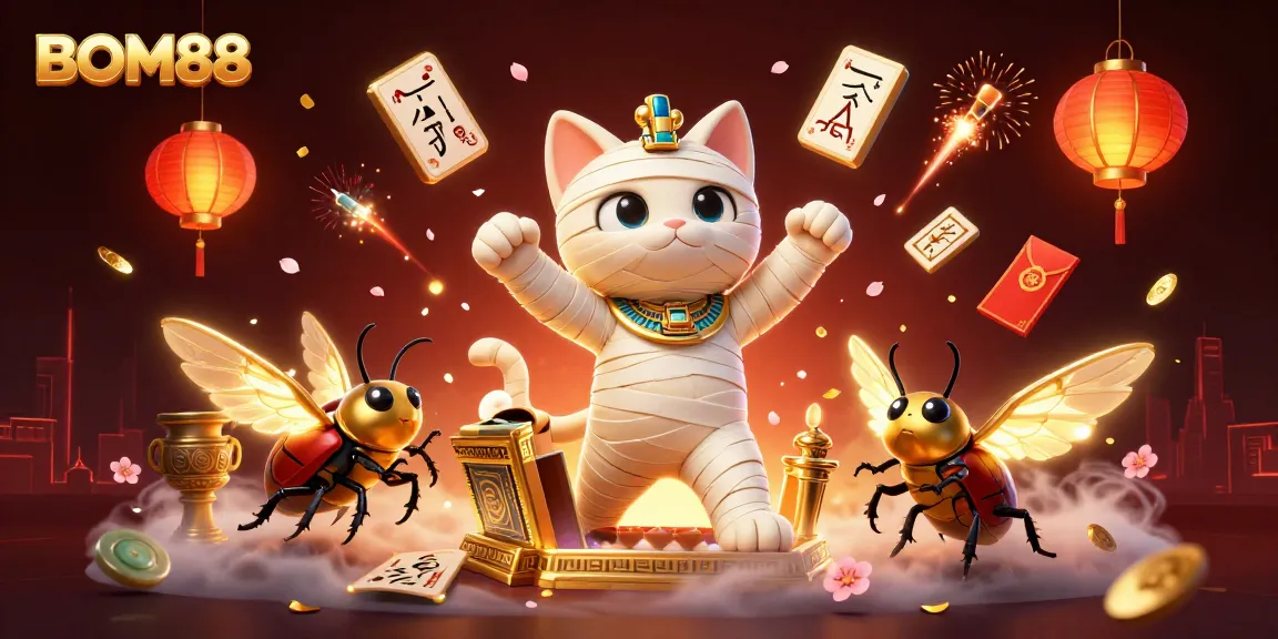 Experience thrilling wins at BOM88 Casino with vibrant gaming scenes and lucky cats in action.