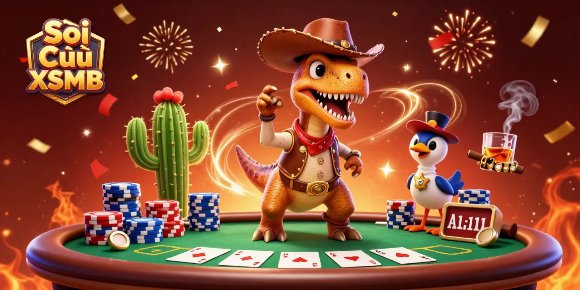 Soi Cầu XSMB lively scene with cartoon cowboy T-Rex and poker elements, representing lottery excitement
