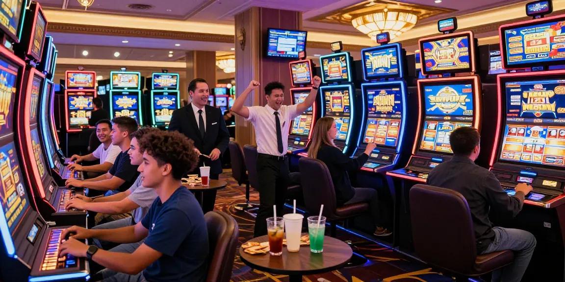 Pengalaman bermain slot di kasino dengan pemain merayakan kemenangan.
