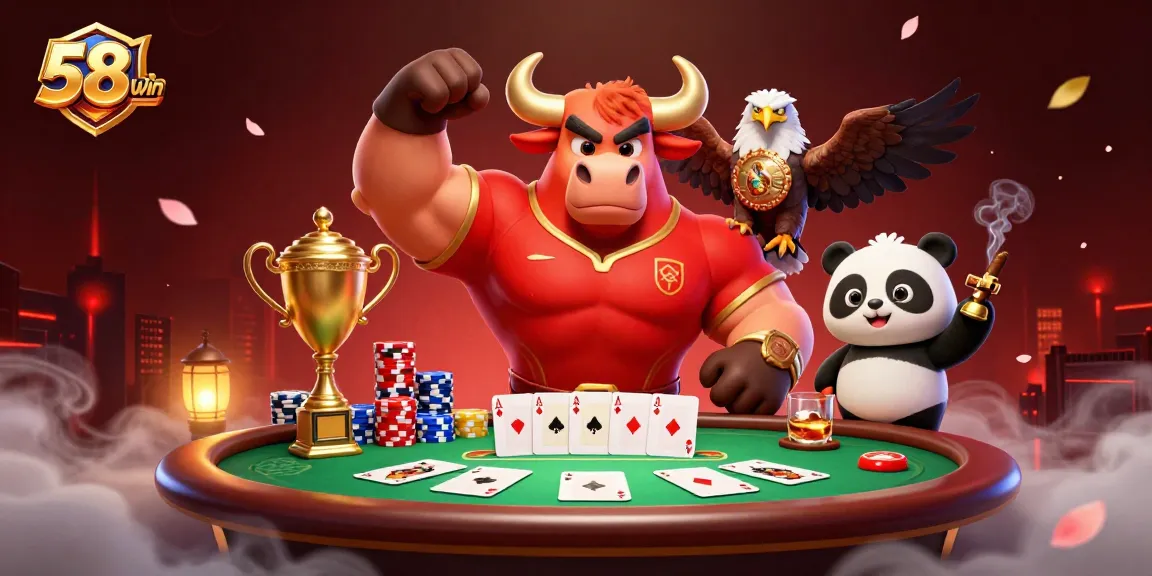 Engage in thrilling poker action at 58win with lively characters and vibrant casino elements.