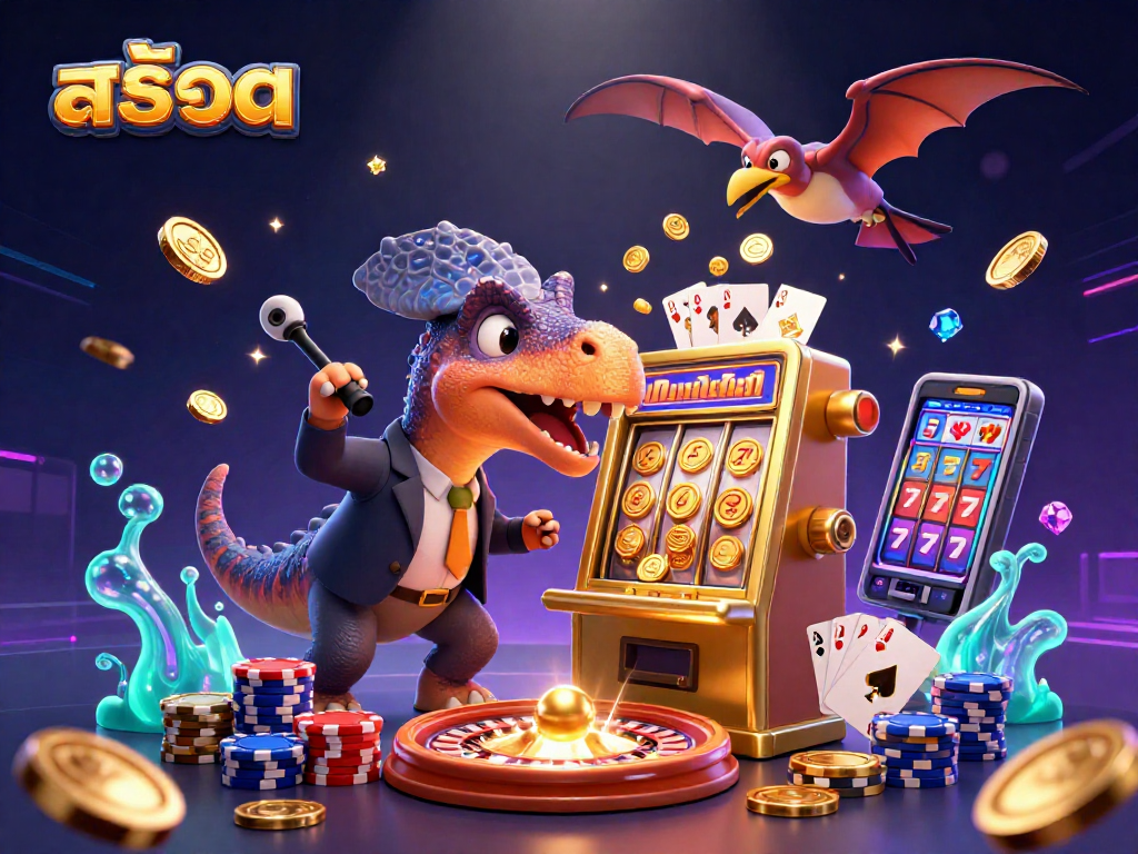 Vibrant 3D illustration of a pachycephalosaurus hitting a slot machine for สล็อต jackpots amidst flying coins.