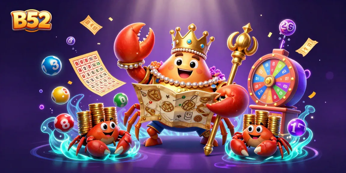 B52 Casino Promotion featuring a golden crab emperor amidst vibrant lottery elements, capturing the gaming excitement.