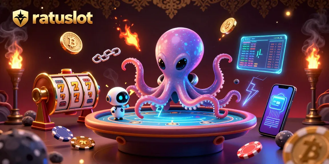 Experience the thrill of ratuslot with an exciting alien octopus and robotic companion at a holographic poker table.