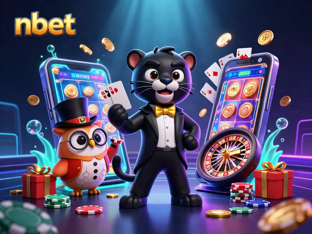 Nbet casino characters, a panther, owl, and mouse play cards while showcasing slot games and poker chips.