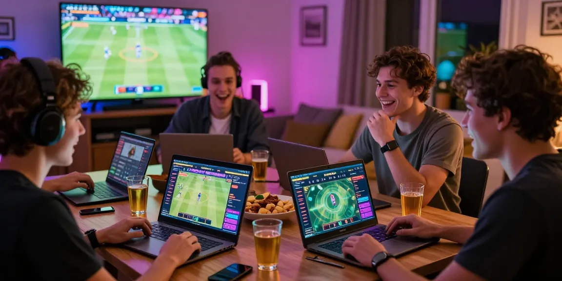 Friends enjoying an exciting gaming night on the lotus365 platform with laptops and drinks.