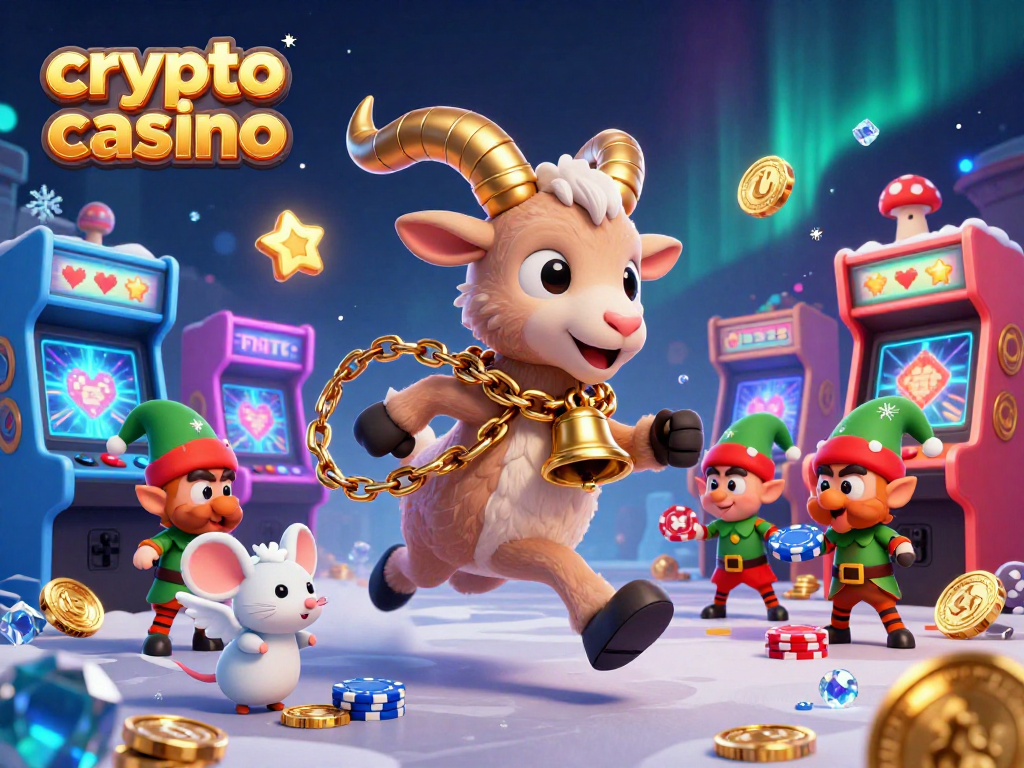 Engage in the excitement of a crypto casino with a 3D festive scene featuring Krampus overseeing mischievous elves.