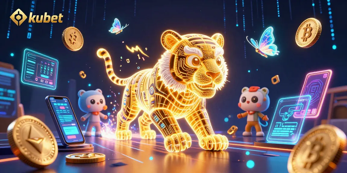 Kubet offers thrilling gaming experiences with a vibrant 3D casino scene featuring a golden tiger and digital treasures.