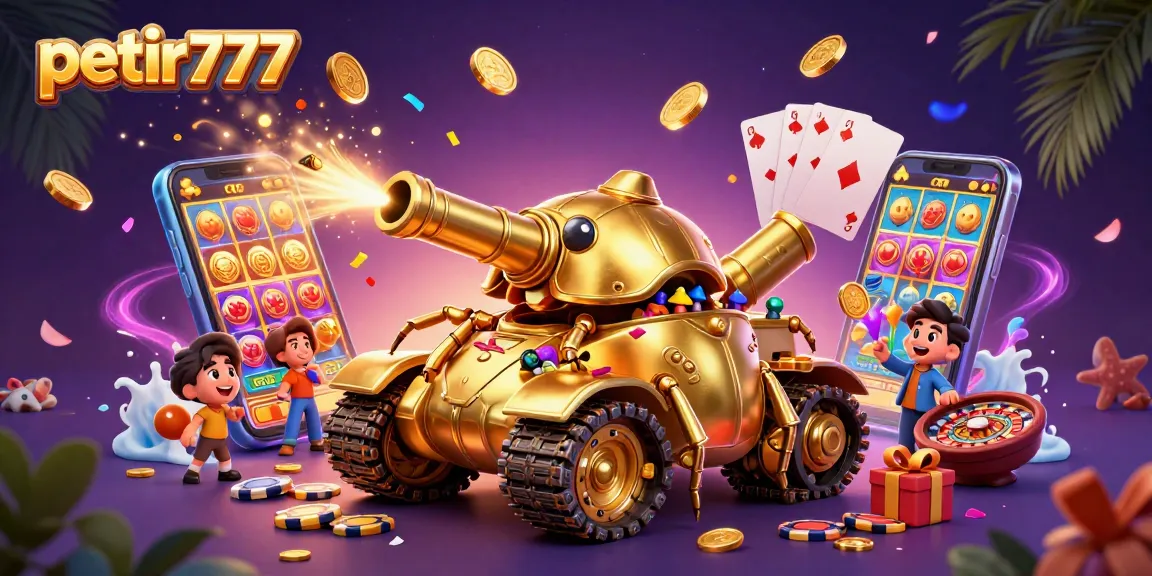 Experience the excitement of petir777 slots with a golden beetle tank casino scene, coins, and vibrant game elements!