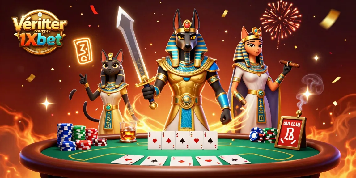 Vérifier coupon 1xbet avec un Anubis et Bastet jouant au poker, ambiance festive.