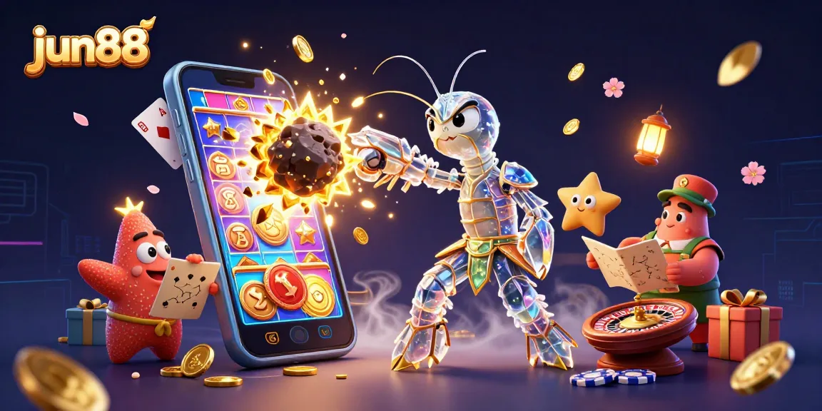 Engage with jun88's vibrant gaming universe featuring a galactic samurai mantis shrimp amidst thrilling casino action.
