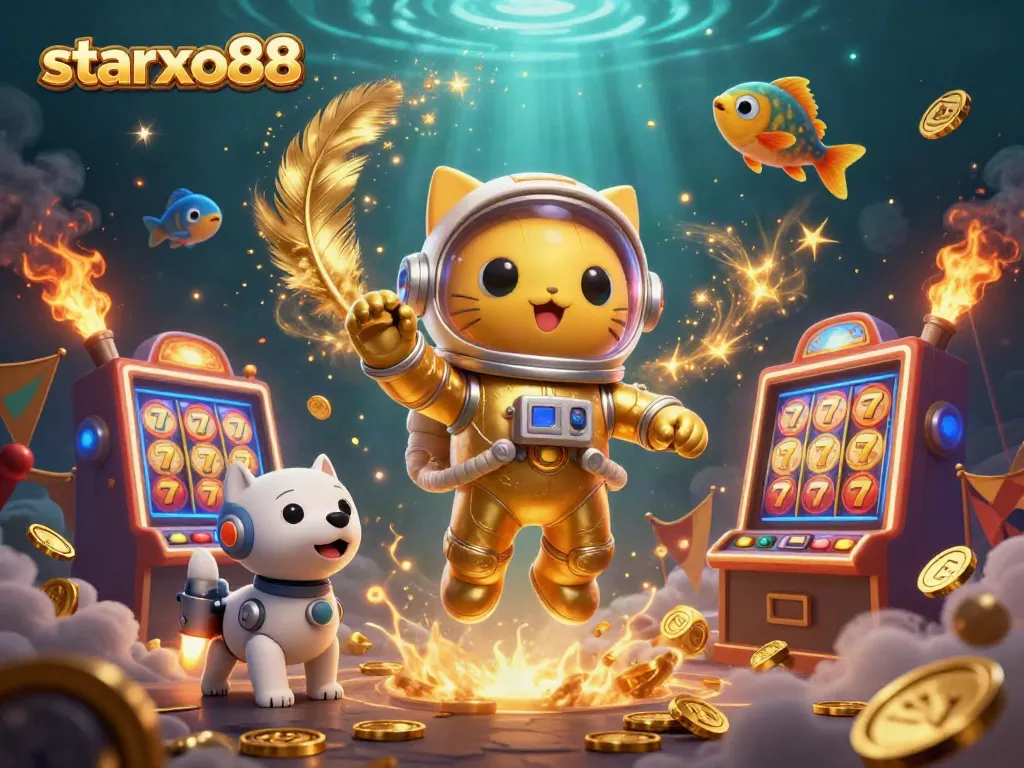 Experience thrilling gameplay at starxo88 with a captivating 3D scene of animated characters, slot machines, and casino excitement.