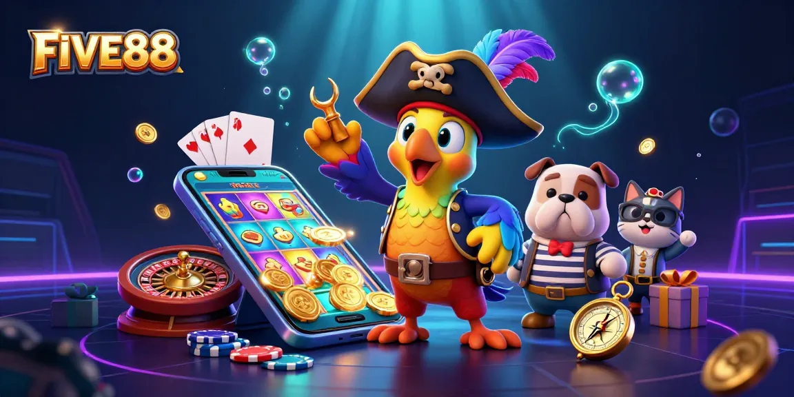 Experience the excitement of FIVE88 with vibrant slots, golden coins, and dynamic characters in action.