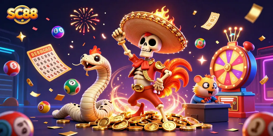 SC88 brings excitement to life as a cartoon mariachi rooster dances on golden coins amid dynamic lottery balls.
