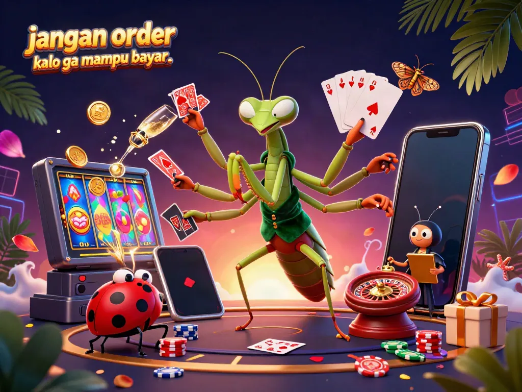 Experience exhilarating casino action with "jangan order kalo ga mampu bayar.." featuring a vibrant scene of card dealing and slot games.