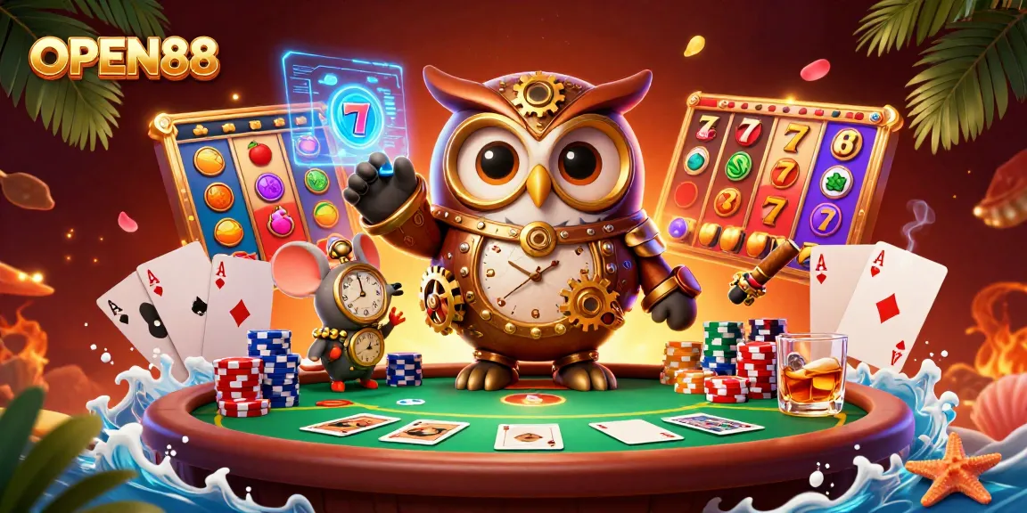 Spin to win big with OPEN88 at vibrant casino showcasing exciting slots and a time-traveling owl.