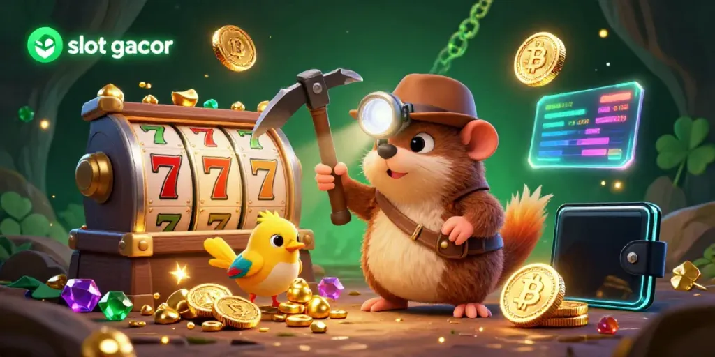 Experience slot gacor excitement with our treasure hunter mole in a game-themed cave, showcasing vibrant symbols and crypto coins.
