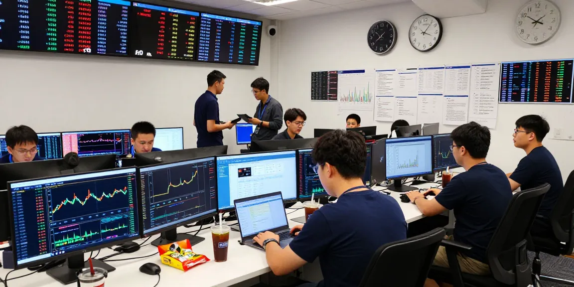 Traders analyzing market data in a digital currency office focusing on slot qris 5k.