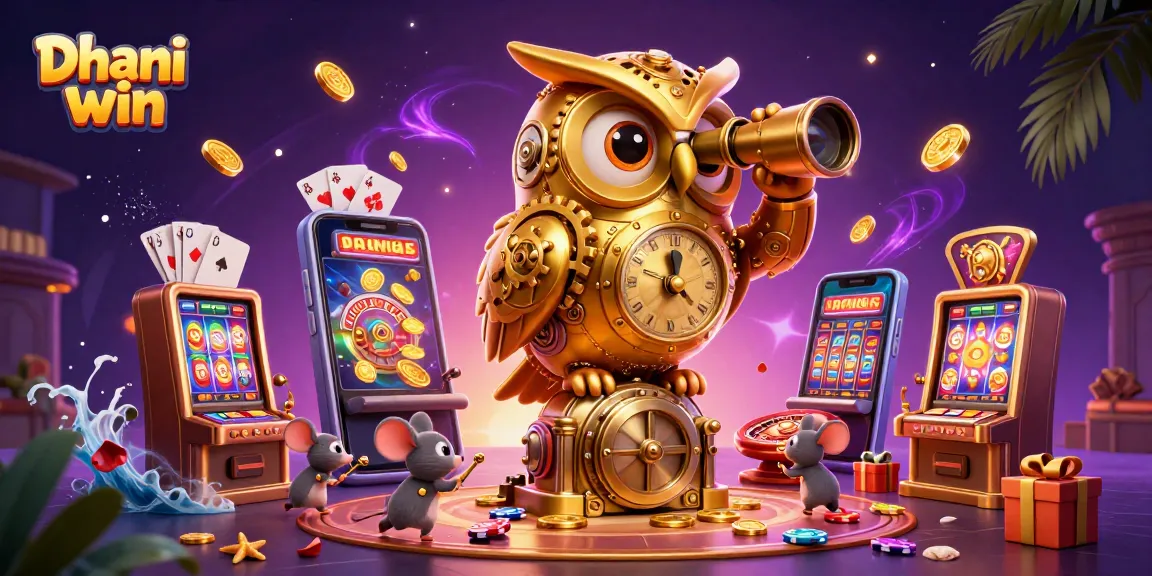 Spin and win at Dhani win with a vibrant 3D casino scene including lucky owl and slot games.
