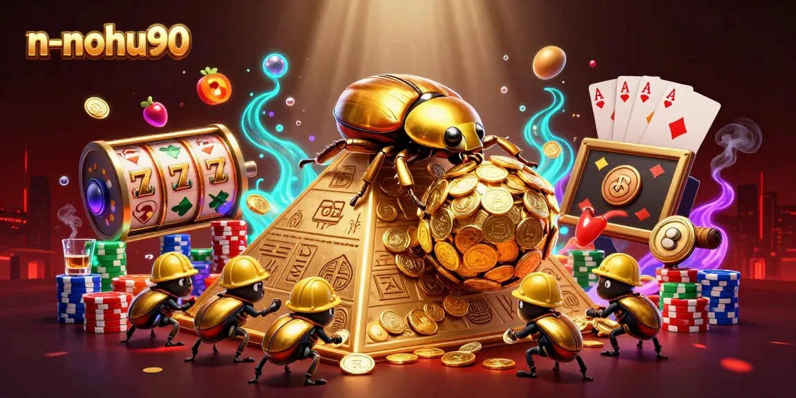 Engage with n-nohu90's thrilling slot games featuring golden beetles, vibrant reels, and casino chips.