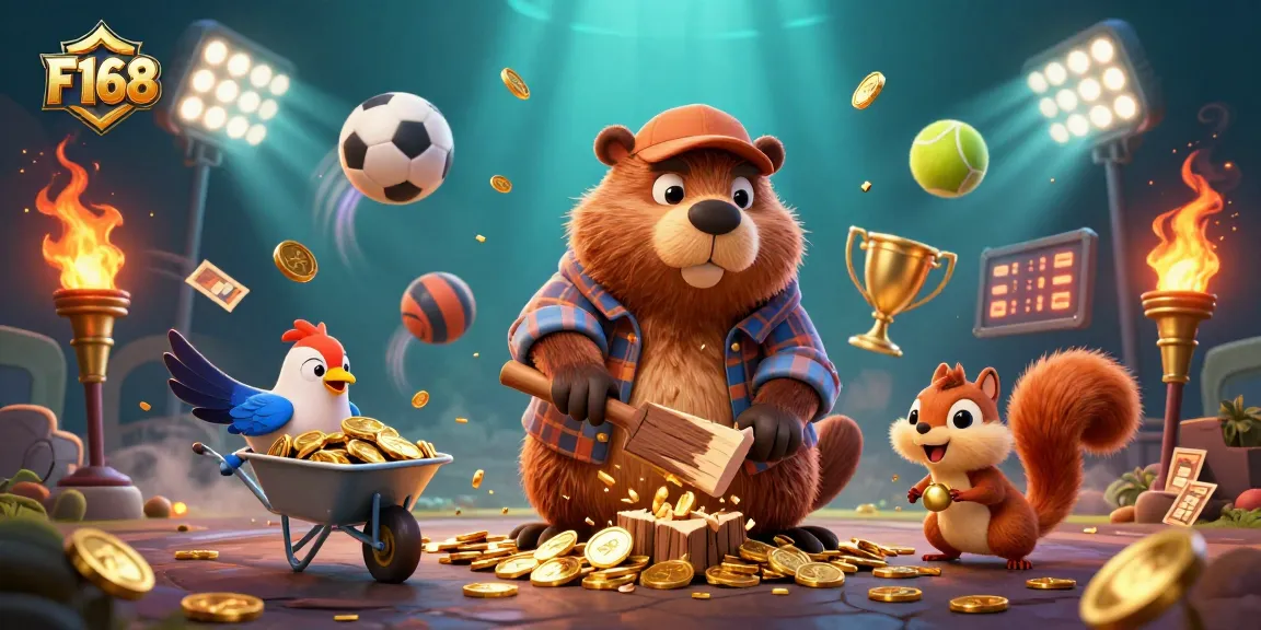 Engage in thrilling gaming at F168 with dynamic characters, vibrant sports elements, and luxurious golden visuals.