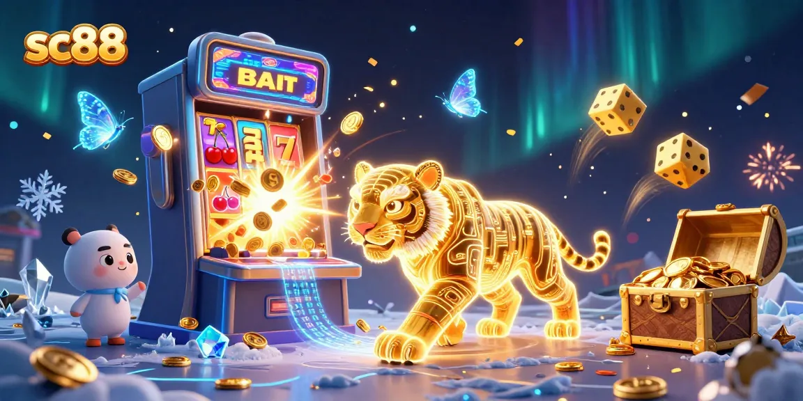 Experience thrilling wins with sc88's sparkling slot machine and golden tiger in a vibrant casino landscape.